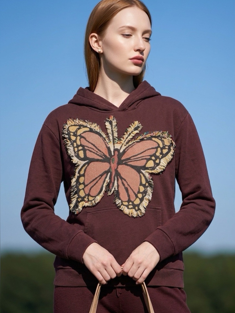 Upcycled Butterfly Patch Hoodie in Deep Burgundy